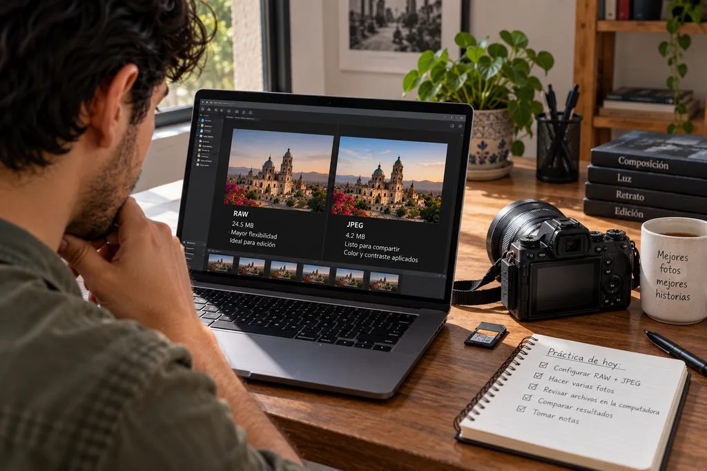 Cámara configurada para guardar RAW o JPEG durante una práctica fotográfica.