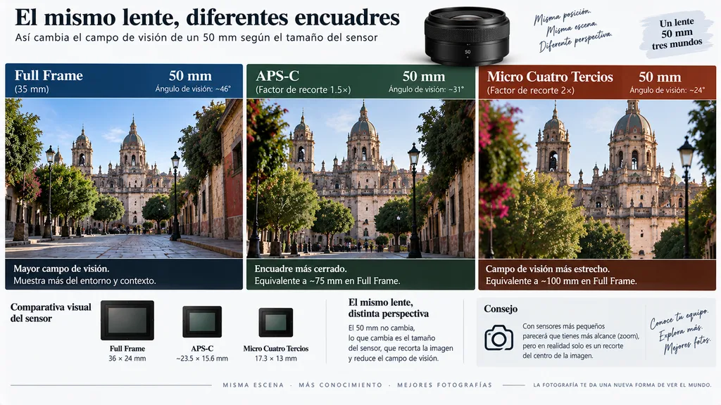 Objetivo de 50 mm: qué puedes fotografiar y cuándo vale la pena tener uno Campo de visión de un objetivo de 50 mm en Full Frame, APS-C y Micro Cuatro Tercios.