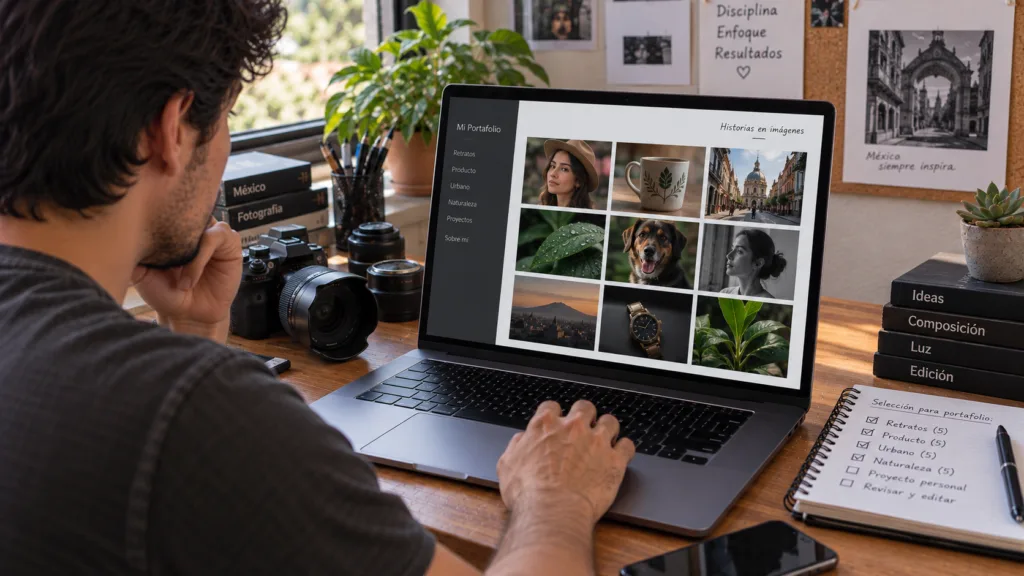 Fotógrafo creando su primer portafolio de fotografía sin tener clientes.
