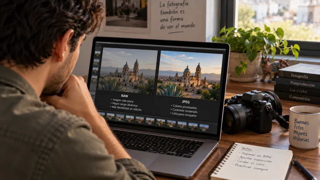 Comparación de RAW o JPEG durante la edición de una fotografía en una computadora.