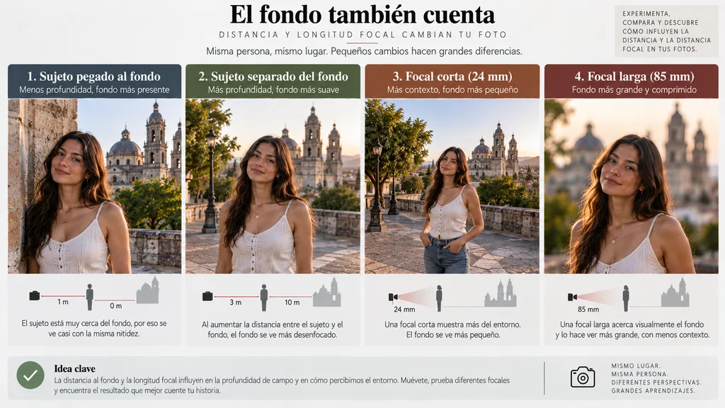 Comparación de fondos desenfocados según apertura, distancia del sujeto y distancia focal.