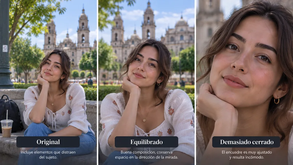 Comparación de formas de recortar una fotografía sin dejar al sujeto demasiado ajustado.