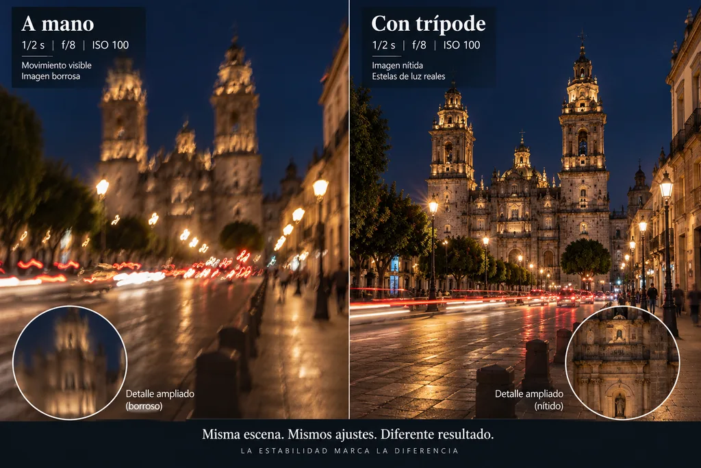 Comparación de larga exposición con y sin trípode para fotografía.