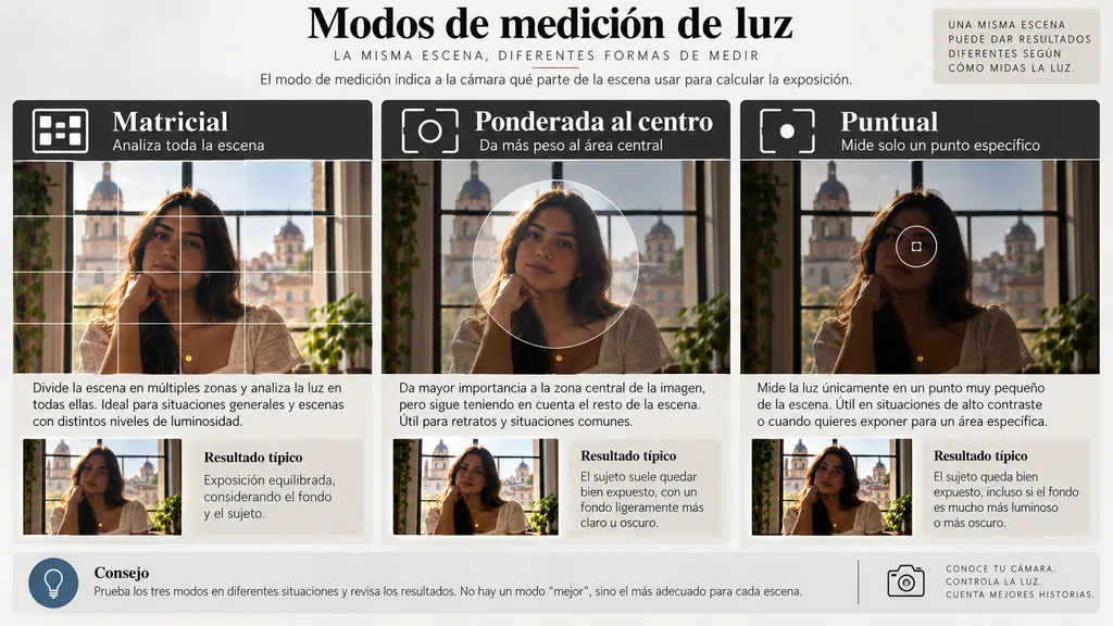 Comparación de modos de medición de luz matricial, puntual y ponderada al centro.