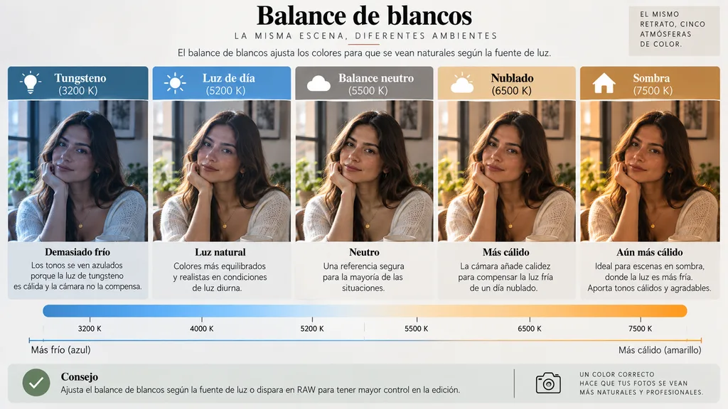 Comparación del balance de blancos con diferentes temperaturas de color y ajustes Kelvin.