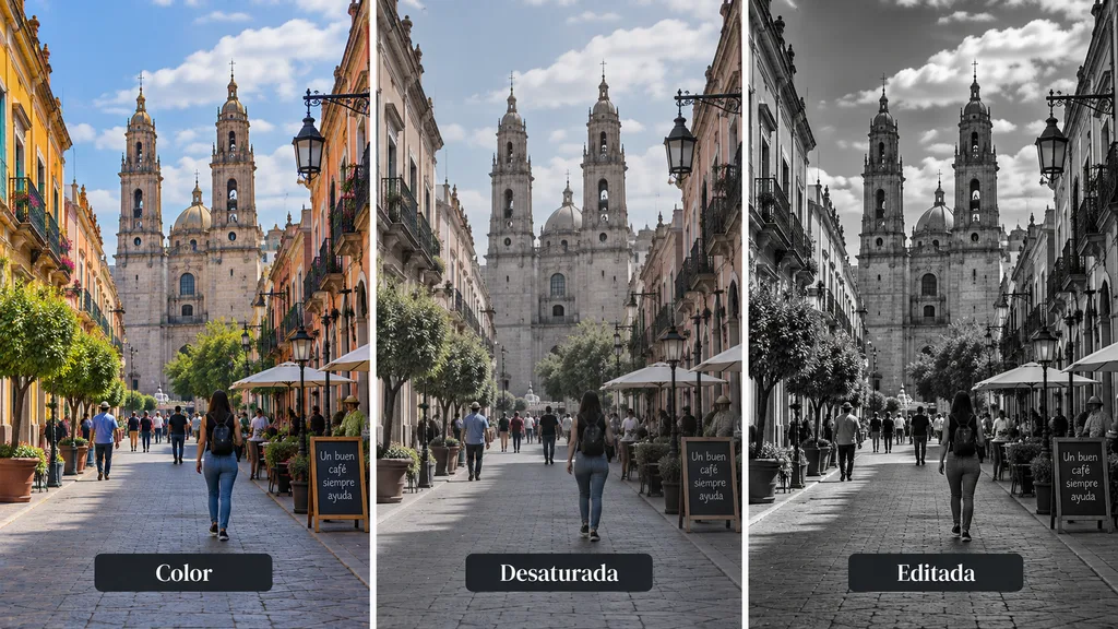 Cómo editar fotografías en blanco y negro con mayor intención Comparación entre color, desaturación y una fotografía en blanco y negro correctamente editada.