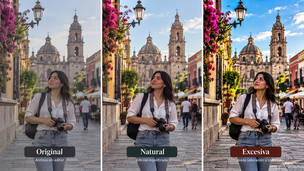Comparación entre editar fotos de forma natural y aplicar una edición excesiva.