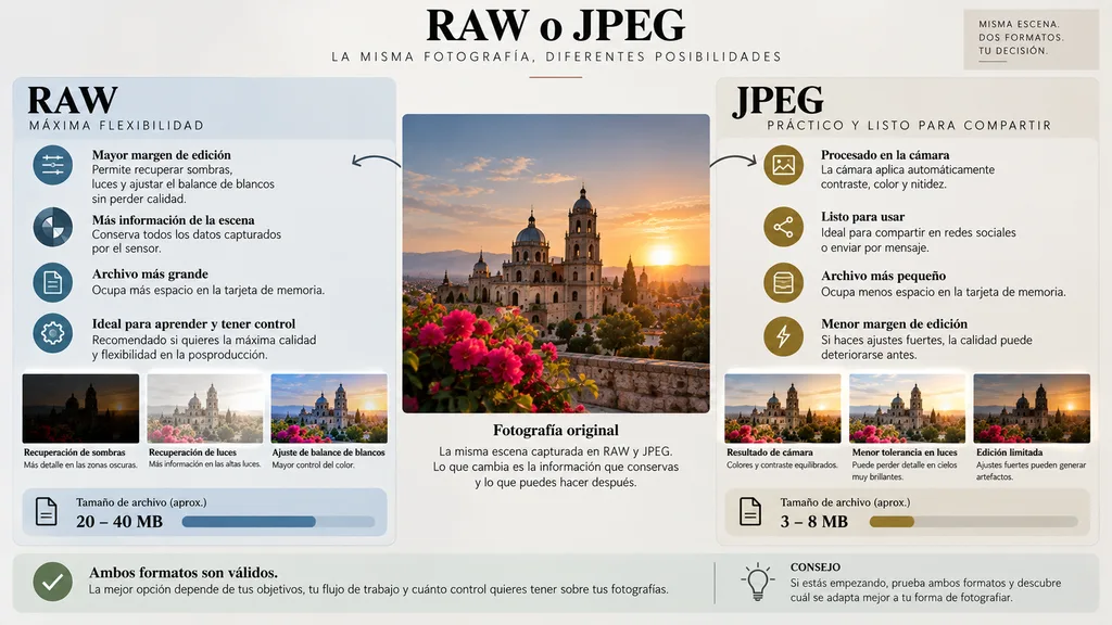 Diferencias entre RAW o JPEG en tamaño de archivo, procesamiento y flexibilidad de edición.