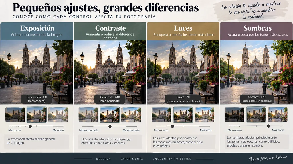 Exposición, contraste, luces y sombras: qué hace cada ajuste al editar Diferencias entre exposición, contraste, luces y sombras al editar una foto.