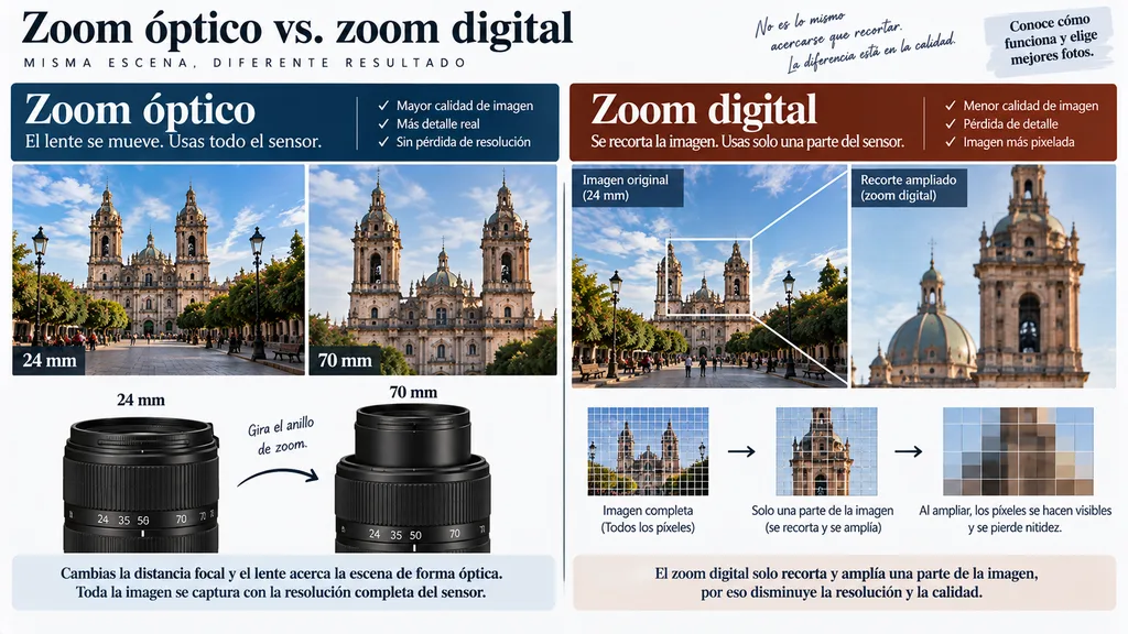 Zoom óptico y zoom digital: diferencias y cuándo usar cada uno Diferencias entre zoom óptico y zoom digital en captura, recorte y resolución.