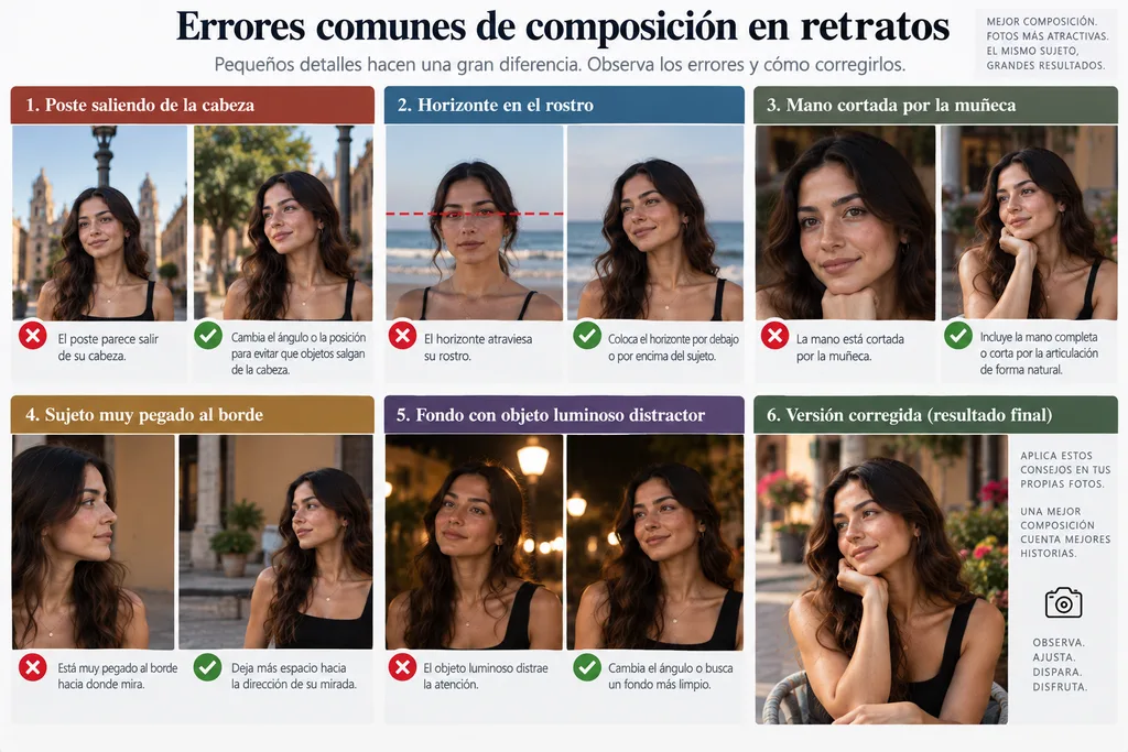 Ejemplos de errores de composición con fondos, cortes, horizontes y espacio mal utilizado.