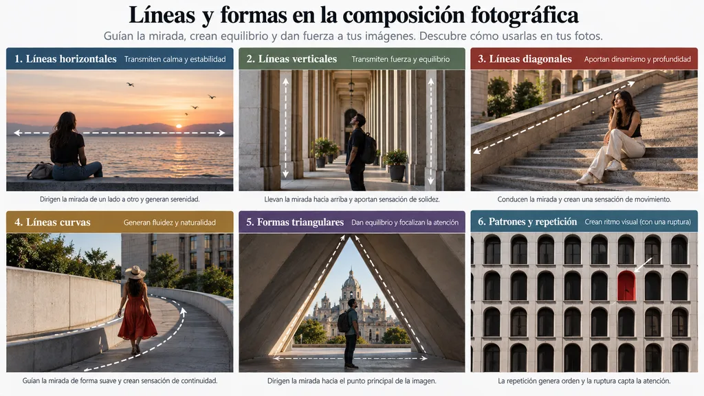 Ejemplos de líneas, formas y patrones con diagonales, curvas, geometría y repetición.