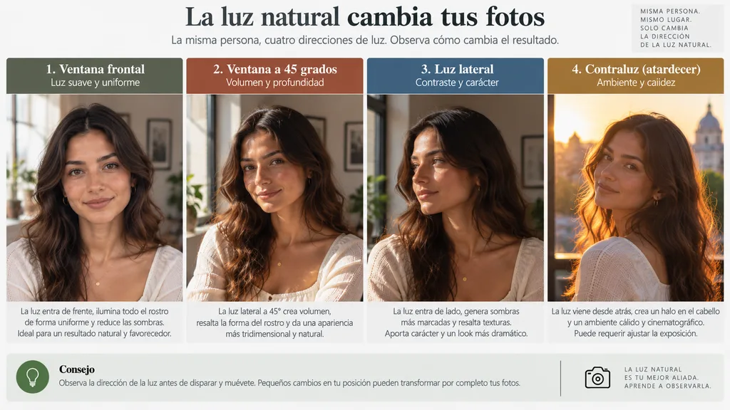 Ejemplos de luz natural en fotografía frontal, lateral, de ventana y a contraluz.