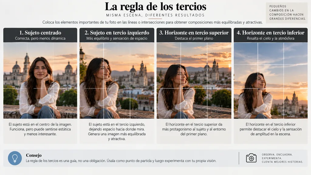 Ejemplos de regla de los tercios con sujeto, horizonte y diferentes distribuciones del encuadre.