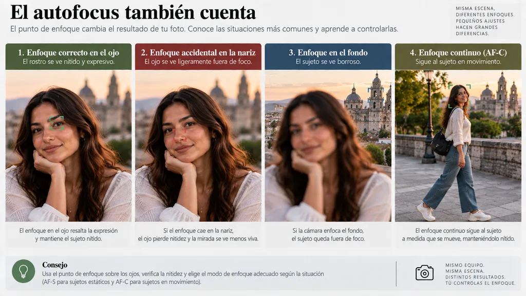 Ejemplos para enfocar correctamente usando punto único, detección de ojos y enfoque continuo.