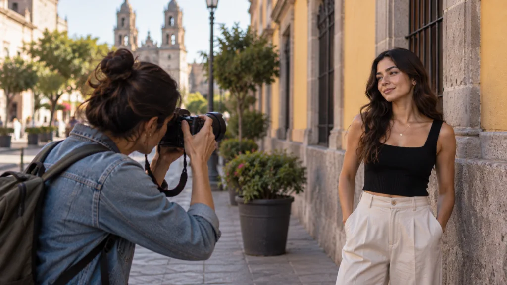 Fotógrafa evitando errores de composición al revisar el fondo antes de hacer un retrato.