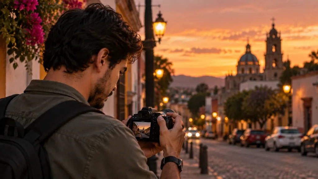 Fotógrafo ajustando el ISO de una cámara mientras disminuye la luz del atardecer.