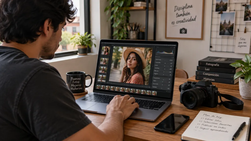 Fotógrafo aprendiendo a editar fotos con ajustes naturales de exposición y color.