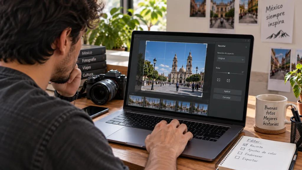 Fotógrafo aprendiendo a recortar una fotografía para mejorar su composición.