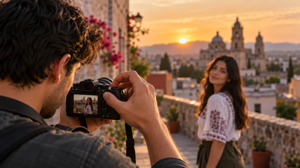 Fotógrafo aprendiendo a utilizar el modo manual de la cámara durante un retrato.