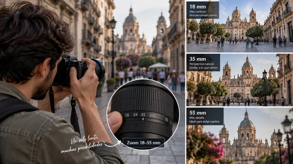 Fotógrafo comparando los milímetros de un objetivo durante una salida práctica.