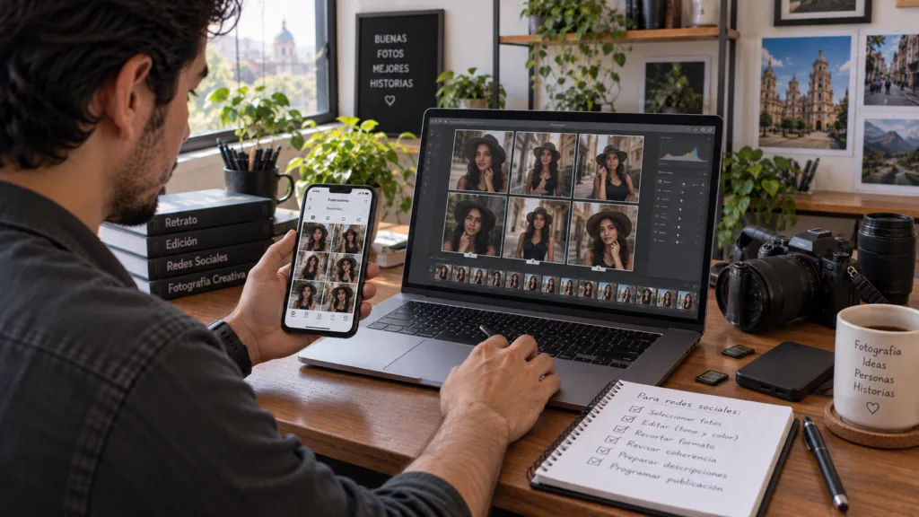 Fotógrafo preparando su fotografía en redes sociales de forma profesional.