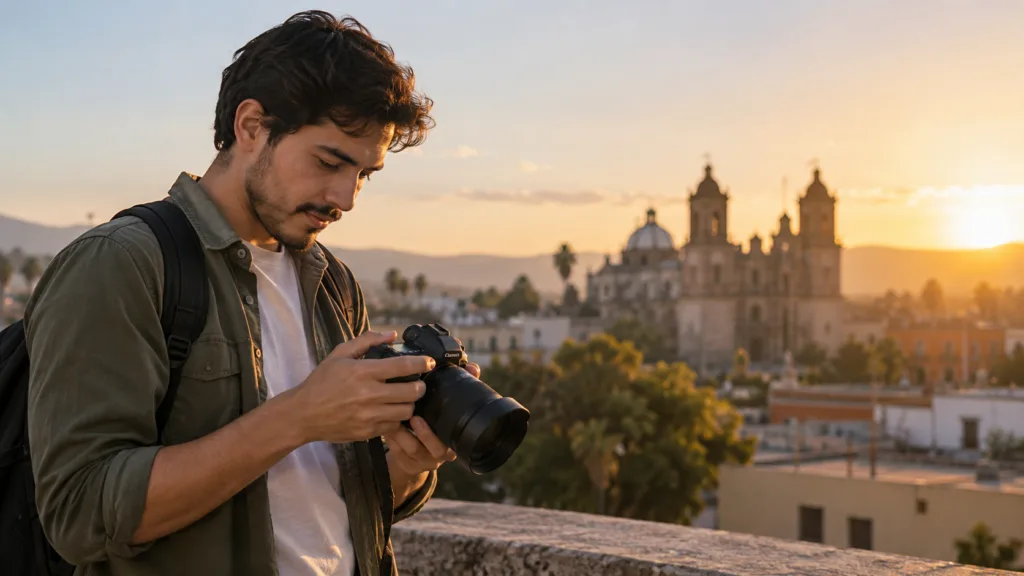 Fotógrafo principiante aprendiendo a configurar manualmente una cámara.