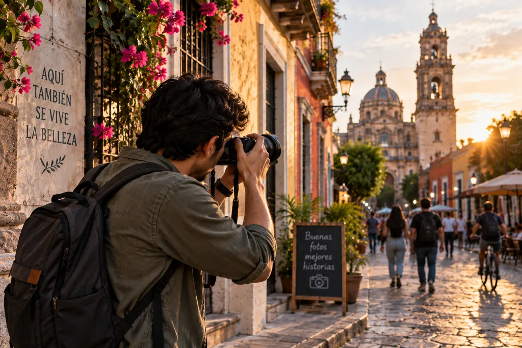 Fotógrafo principiante usando pocos accesorios de fotografía durante una salida práctica.