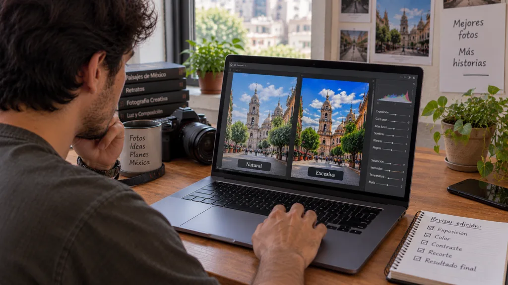 Fotógrafo revisando errores al editar fotos antes de exportar una imagen.