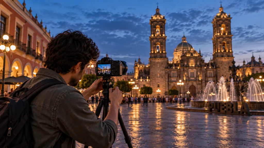 Fotógrafo usando un trípode para fotografía durante una exposición nocturna.