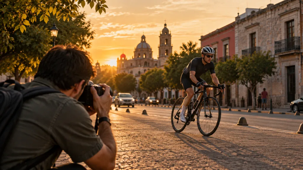 Fotógrafo utilizando una velocidad de obturación rápida para congelar el movimiento de un ciclista.