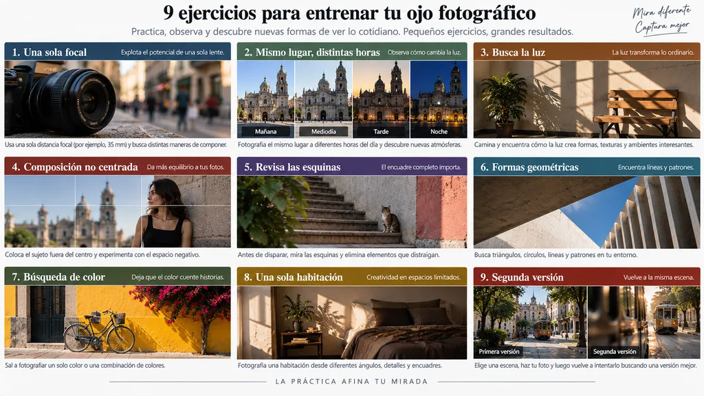 Nueve ejercicios prácticos para entrenar el ojo fotográfico y mejorar composición y observación.