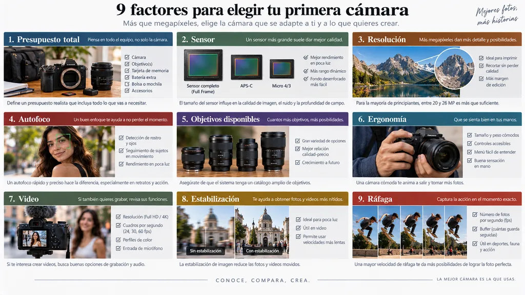 Cómo elegir tu primera cámara sin gastar en funciones que no necesitas Nueve factores importantes para elegir una primera cámara sin pagar por funciones innecesarias.