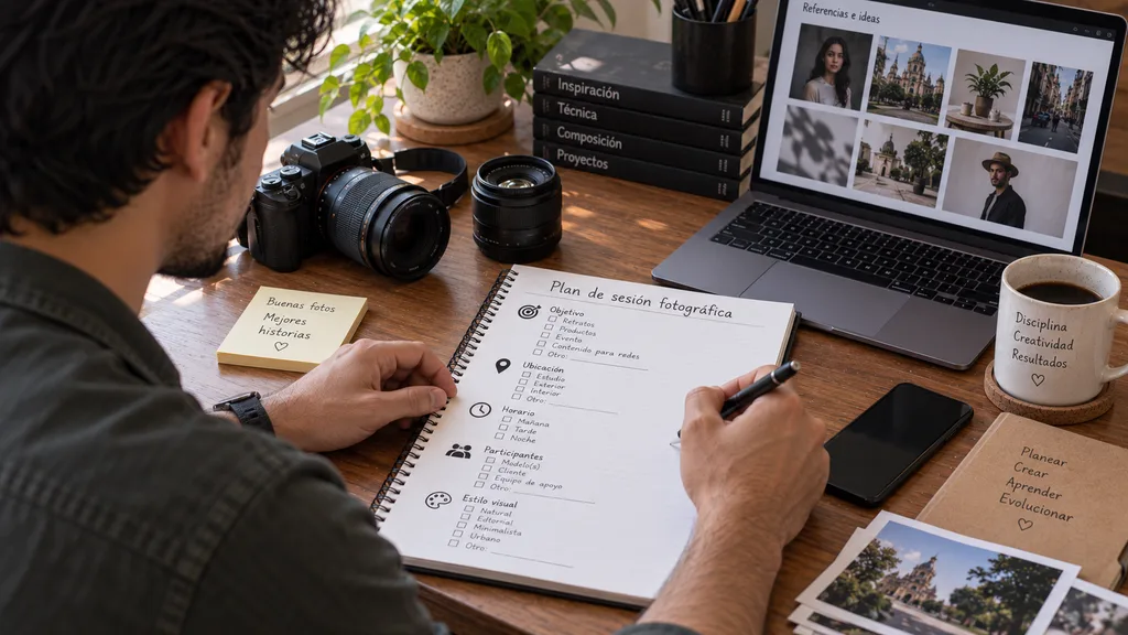 Organización de la información del cliente para preparar una sesión fotográfica.