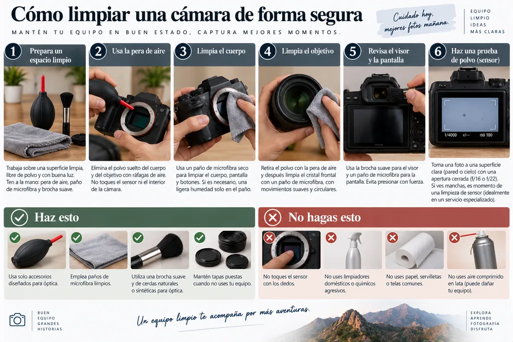 Pasos para cómo limpiar una cámara sin dañar el objetivo ni el sensor.