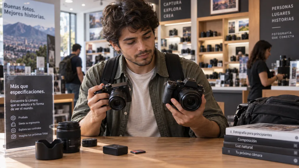 Persona comparando opciones para elegir su primera cámara según ergonomía y necesidades reales.