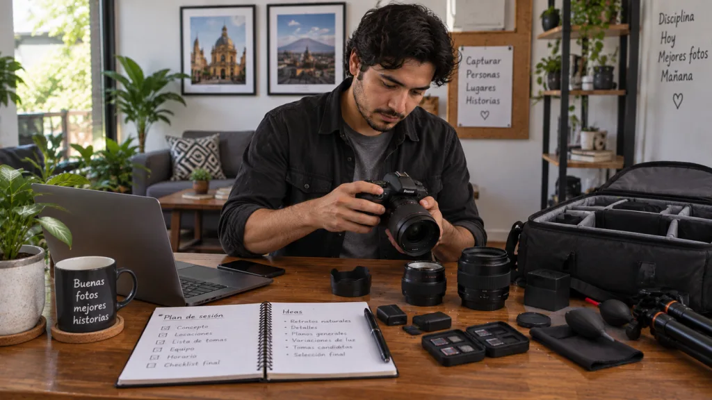 Preparación del equipo para una primera sesión de fotos con un cliente.