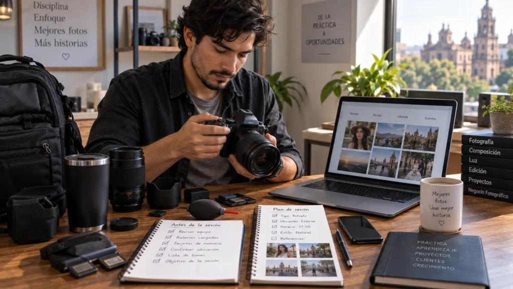 Proceso para pasar de aficionado a fotógrafo desarrollando habilidades profesionales.