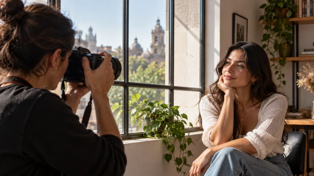 Retrato realizado con luz natural en fotografía junto a una ventana y sombras suaves.