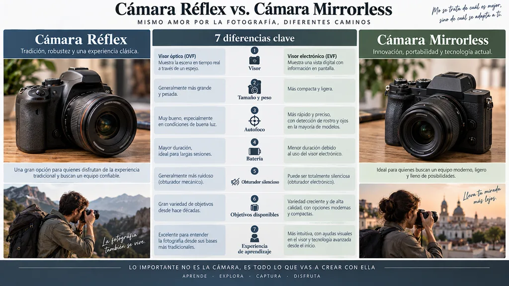 Siete diferencias entre réflex o mirrorless en visor, enfoque, batería y tamaño.