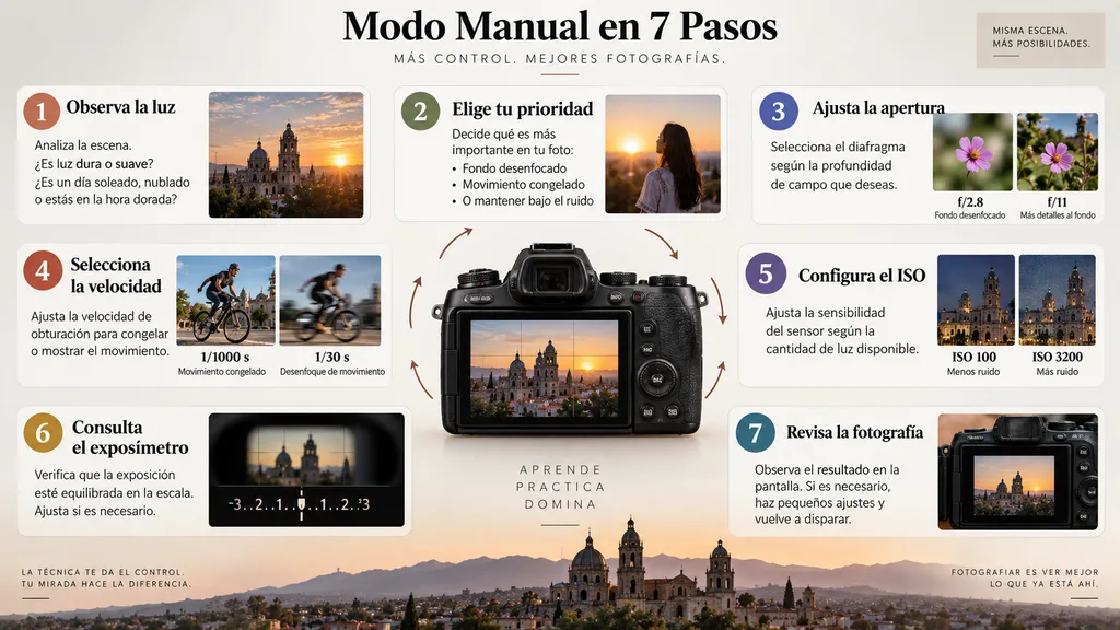 Cómo usar el modo manual de la cámara sin complicarte Siete pasos para configurar el modo manual de la cámara con apertura, velocidad e ISO.