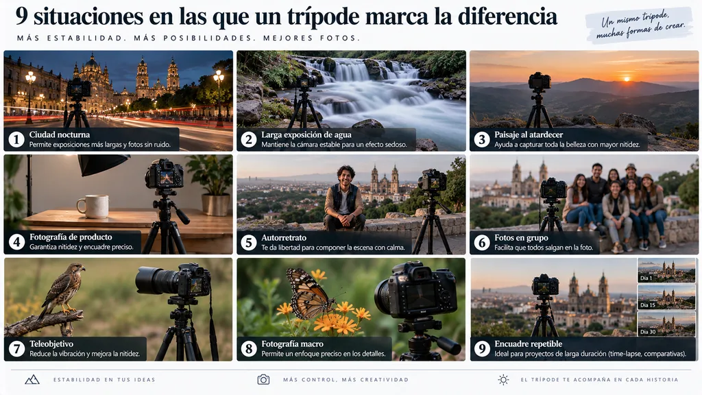 Situaciones donde un trípode para fotografía ayuda a mantener la cámara estable.
